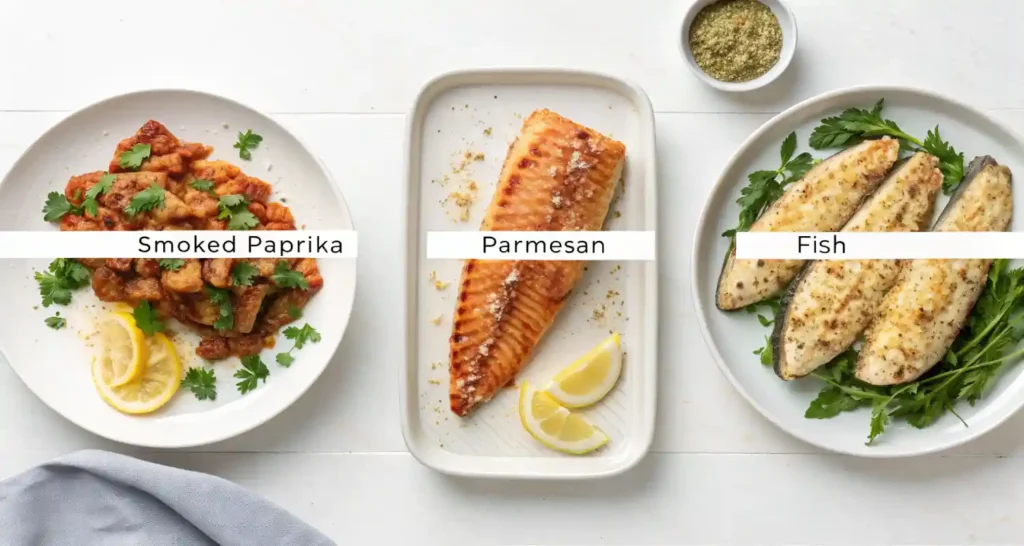 Three variations of fried fish: smoky, cheesy, and baked.
