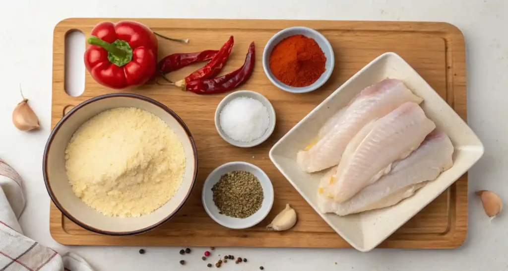 hillbilly fish fry seasonings recipe: Cornmeal, flour, spices, and fish fillets arranged on a wooden board.