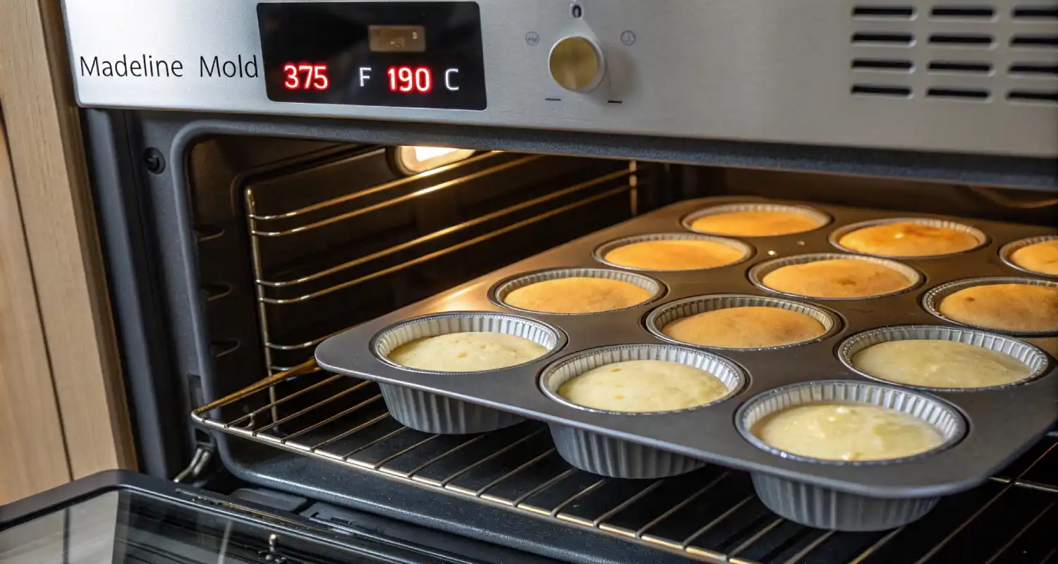 A madeline mold filled with batter, ready to be baked at 375°F.
