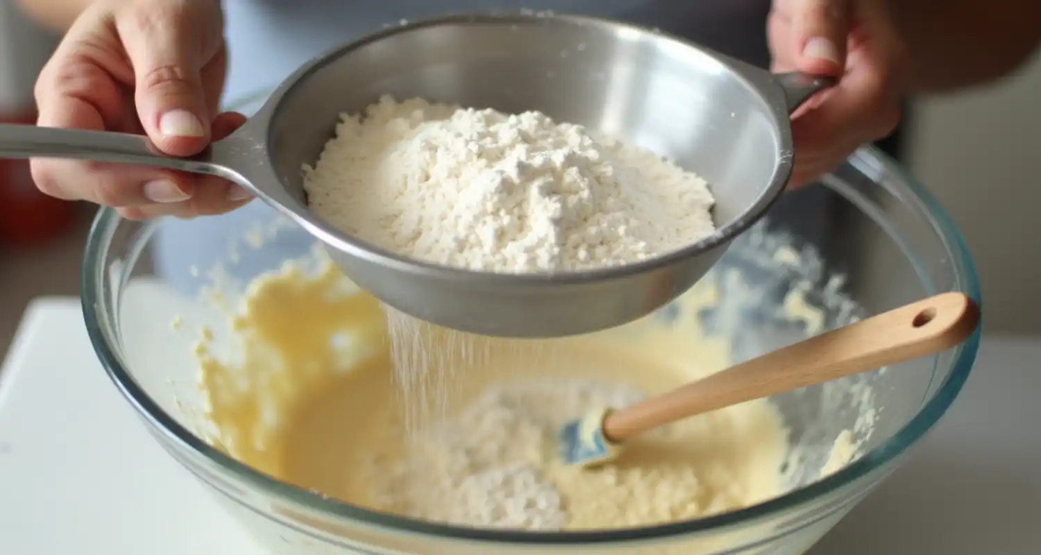 Sifting flour, baking powder, and salt into a bowl with a wet mixture for madeline cookies.