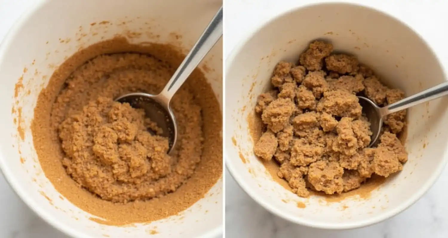A small bowl with brown sugar, cinnamon, and nutmeg being mixed with a spoon.