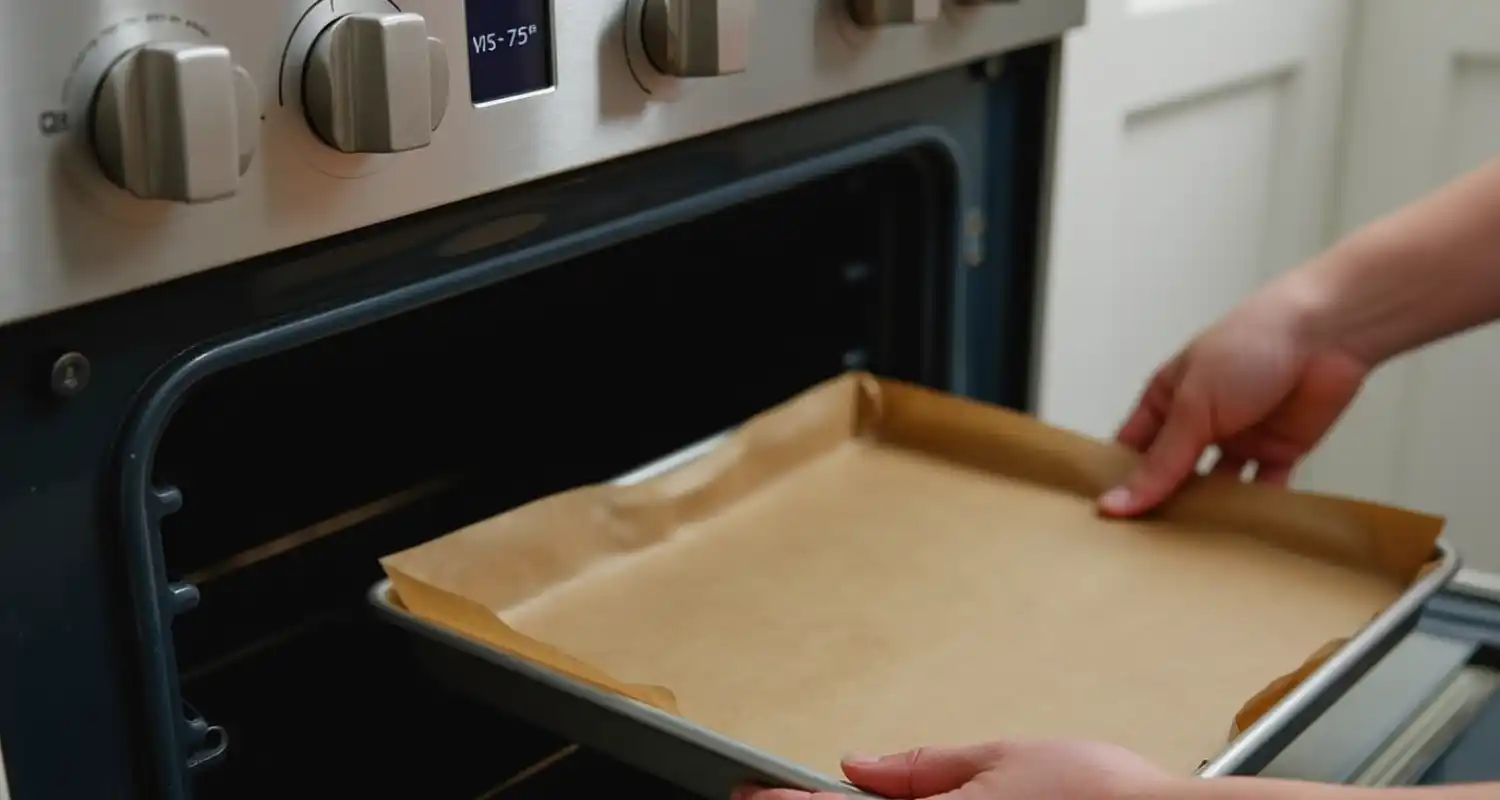 An oven set to 375°F and a baking tray lined with parchment paper on the counter.