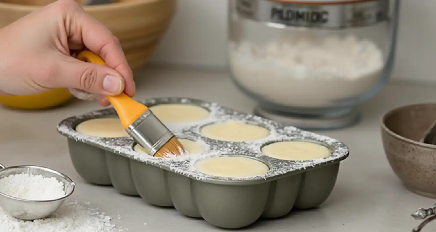 A madeline mold being greased with butter and lightly dusted with flour.
