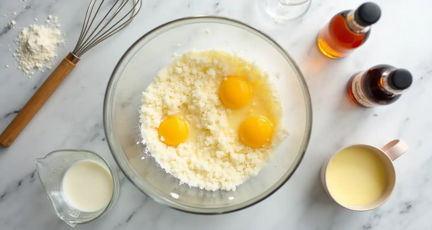 A mixing bowl with eggs and sugar being whisked, surrounded by butter, cream, and vanilla extract.