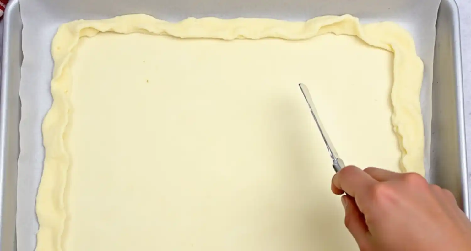 A puff pastry sheet on a tray, with a knife scoring a 1-inch border around the edges.