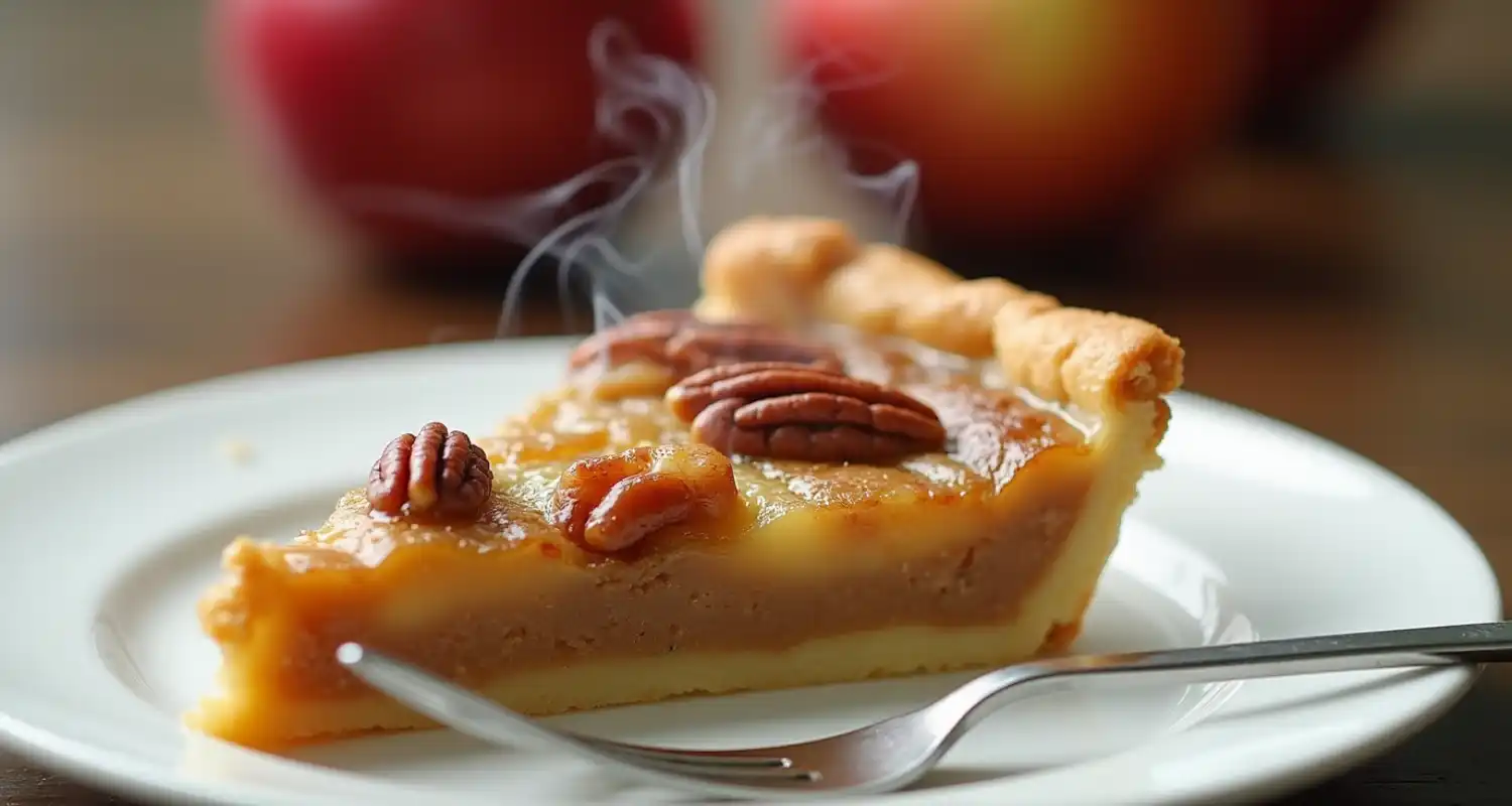 A slice of apple and pecan Danish pastry tart served on a plate with a fork.