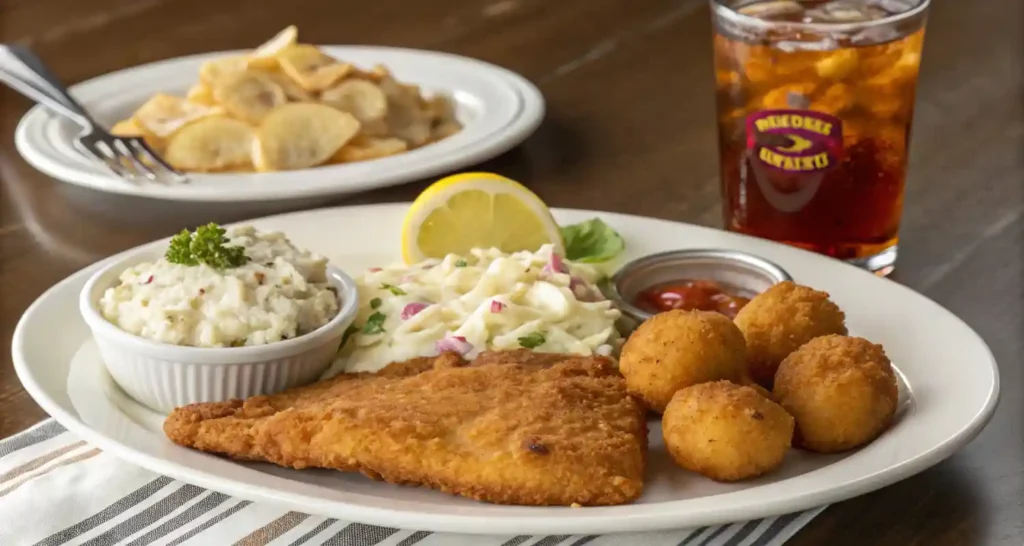 Fried fish served with hush puppies, coleslaw, and tartar sauce.