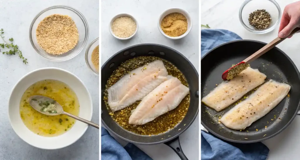 Seasoning mix, coated fish fillets, and frying fish in hot oil.