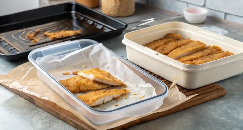 Leftover fish fillets in a container and reheated fish on a baking tray.